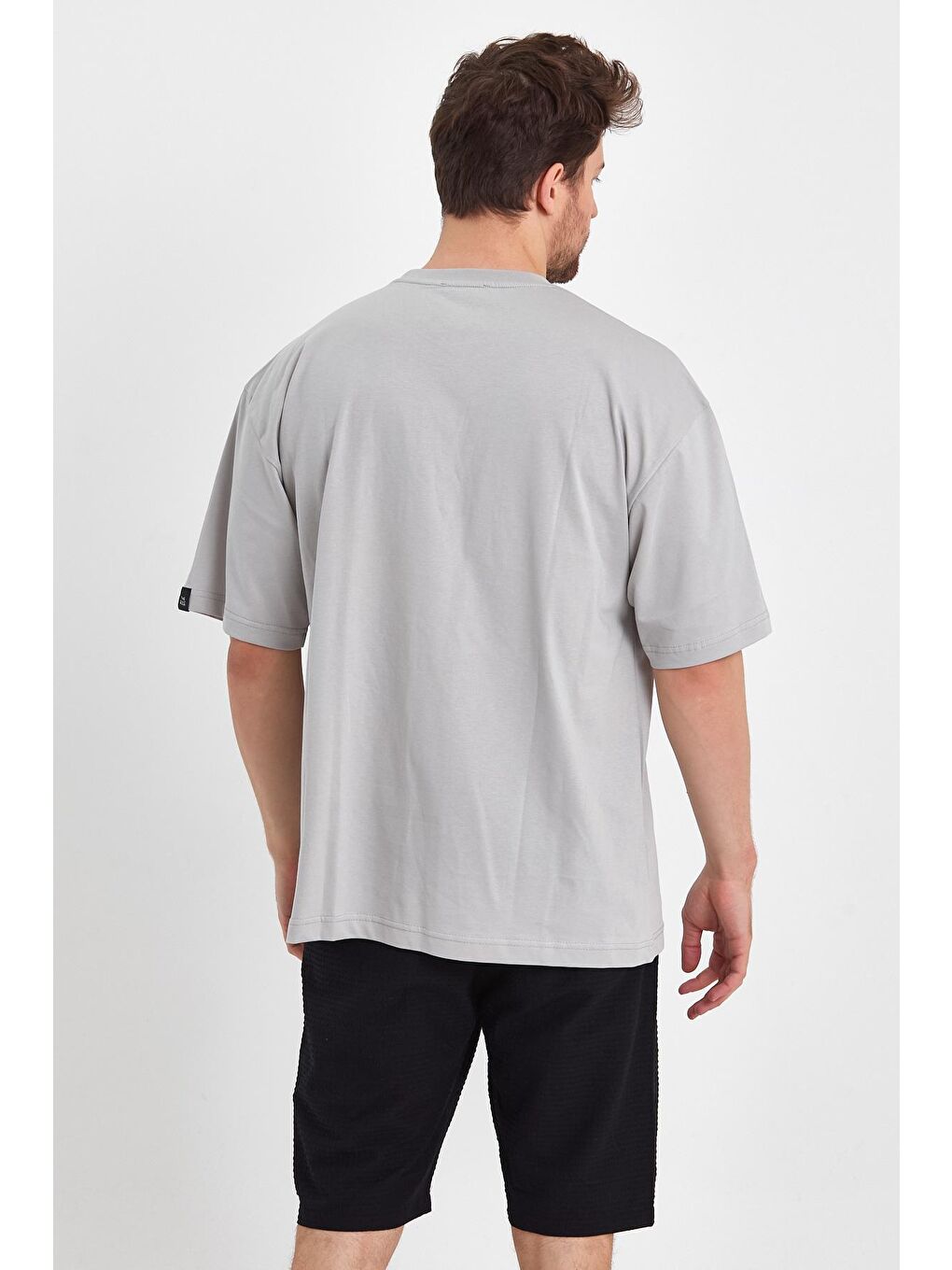 THE RULE Gri Oversize Fit Bisiklet Yaka %100 Pamuk Ayıcık Baskılı Erkek T-Shirt RF0407 - 5