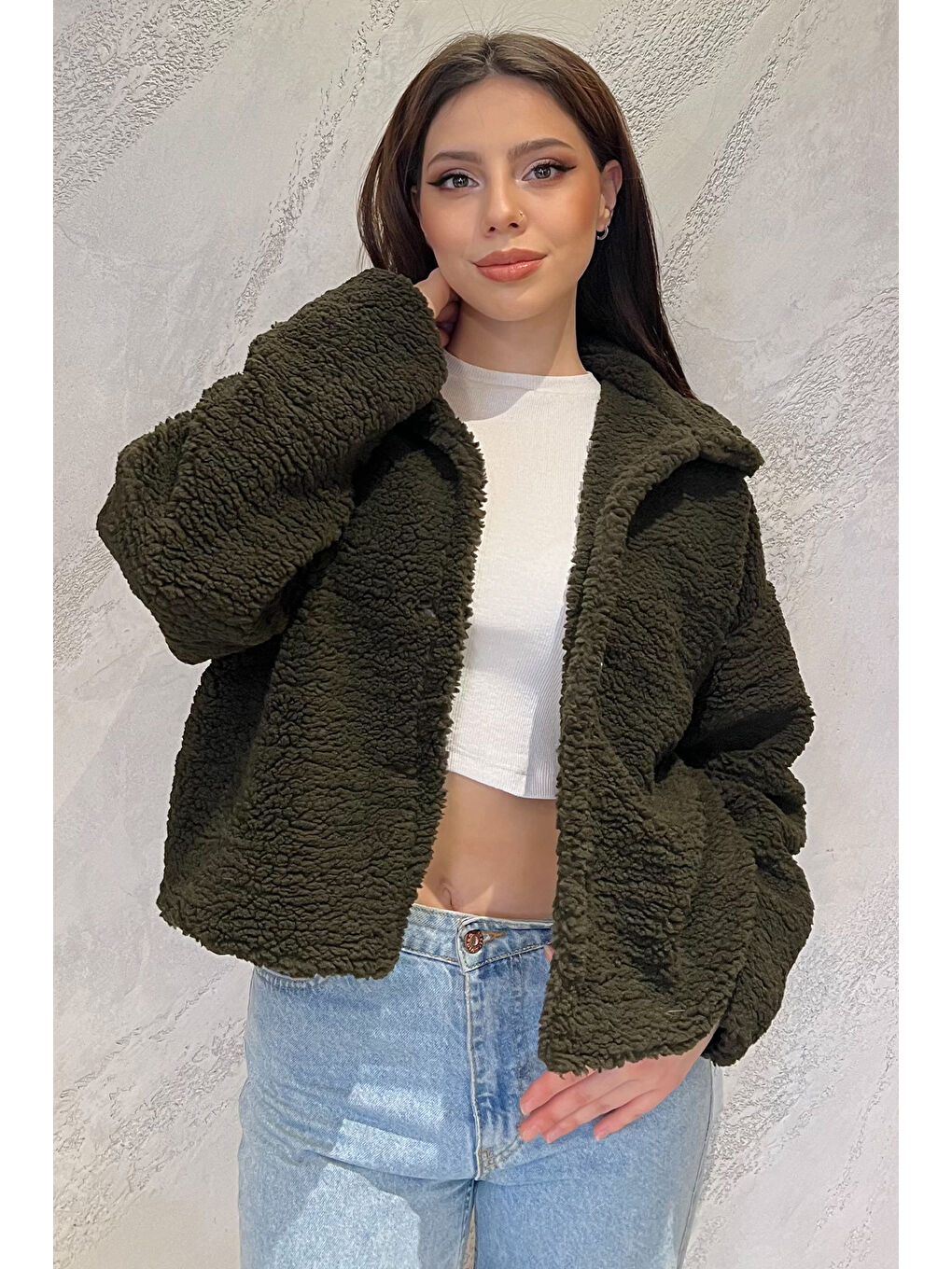 Haki Kadın Astarlı Pelüş Ceket-1