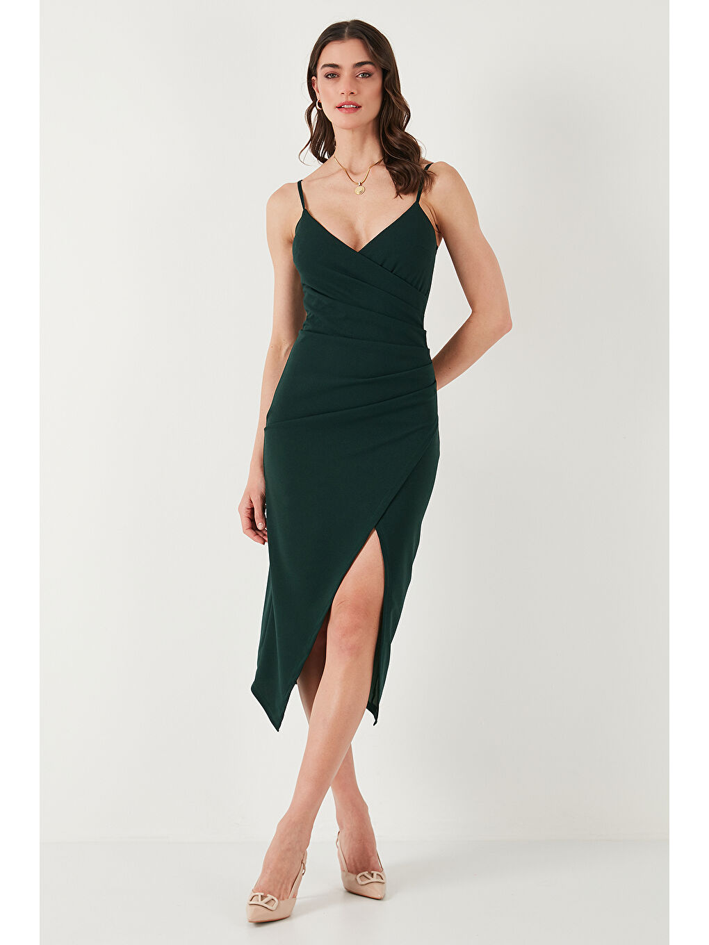 Yeşil Slim Fit V Yaka Drape Detaylı Yırtmaçlı Midi Boy Kadın Elbise 6789961-5