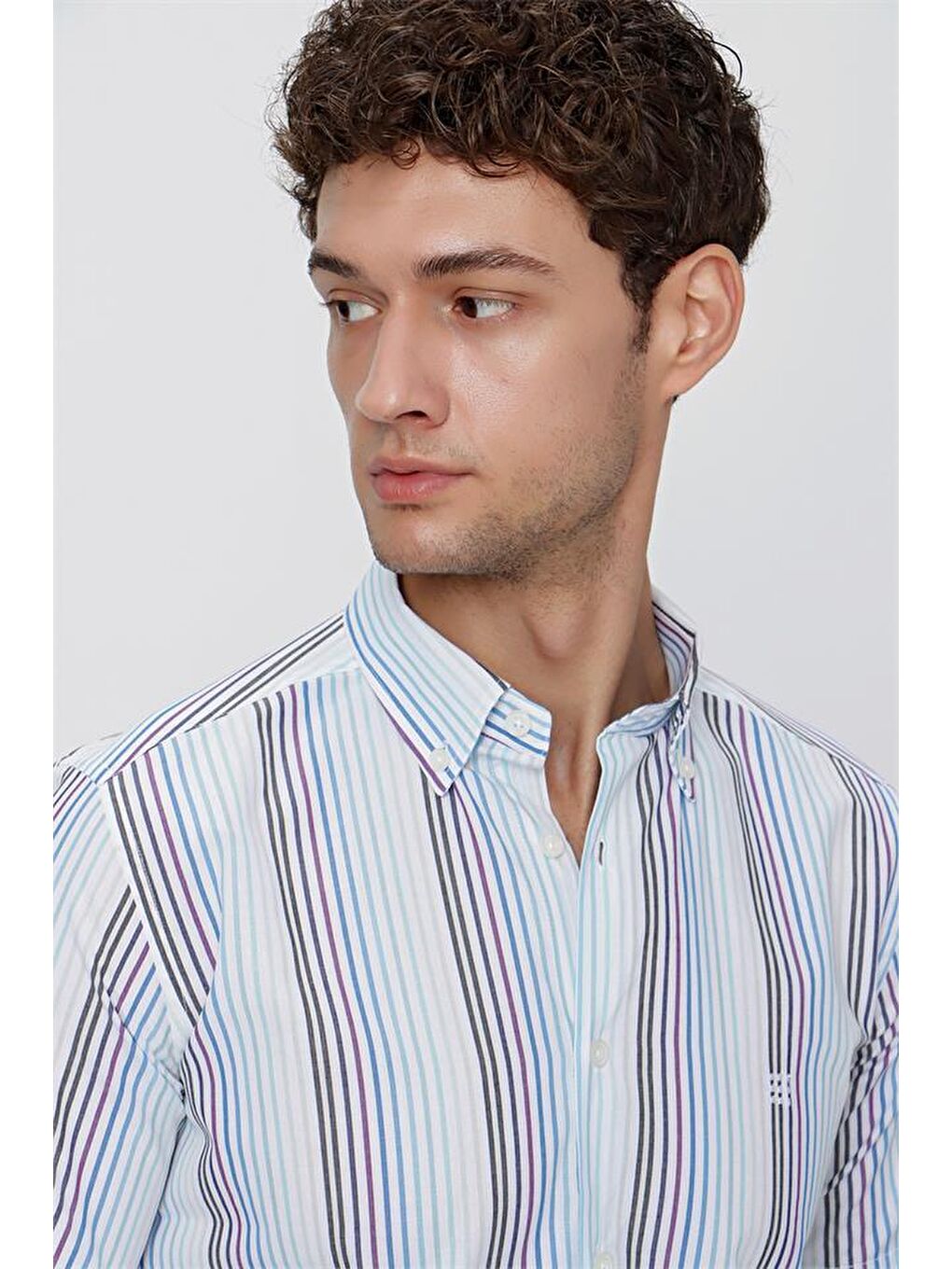 Lacivert Kısa Kol Çizgili Düğmeli Yaka Slim Fit Dar Kesim Klasik Gömlek 1004220155-5