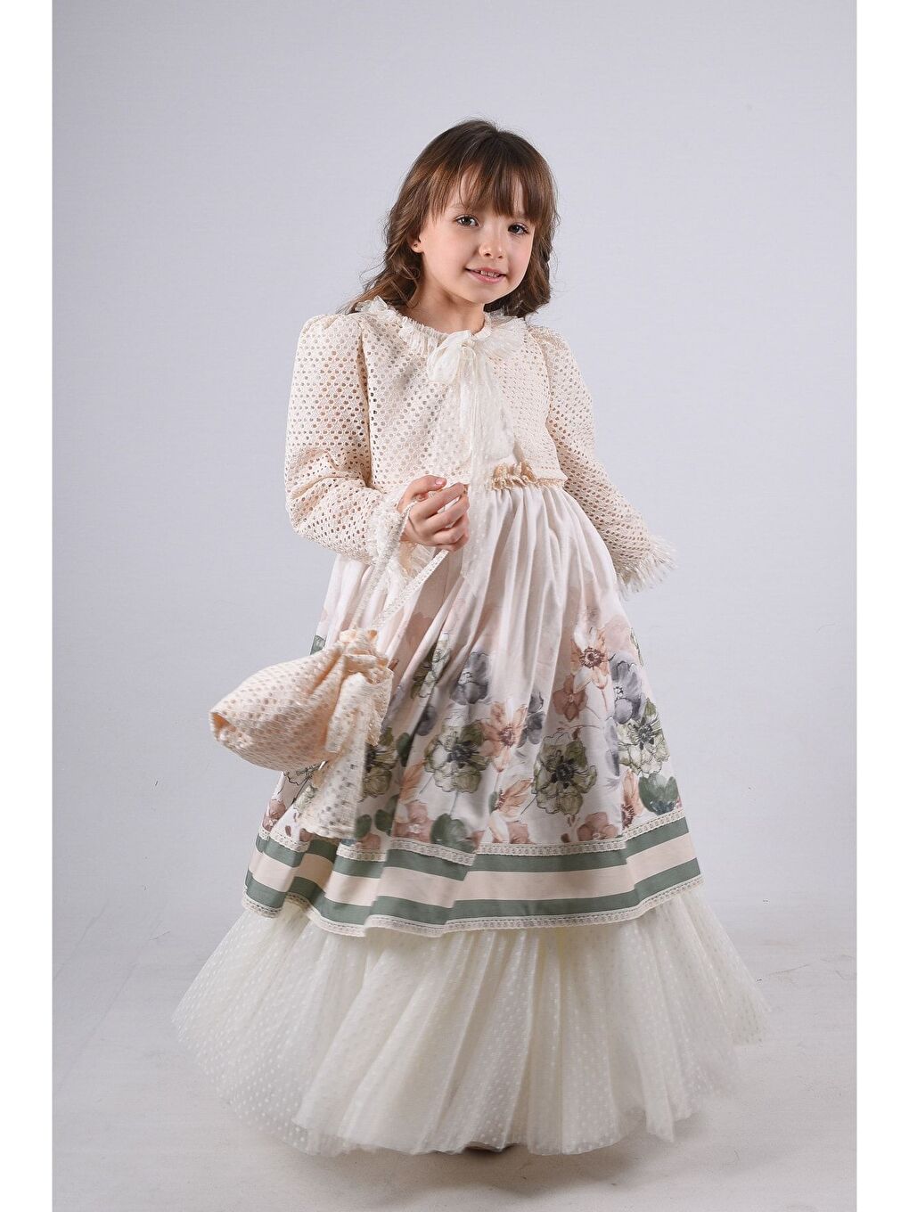 Yeşil Özel Tasarım Kız Çocuk Elbise, Çiçek Desenli Kız Çocuk Uzun Elbise_M2354-1