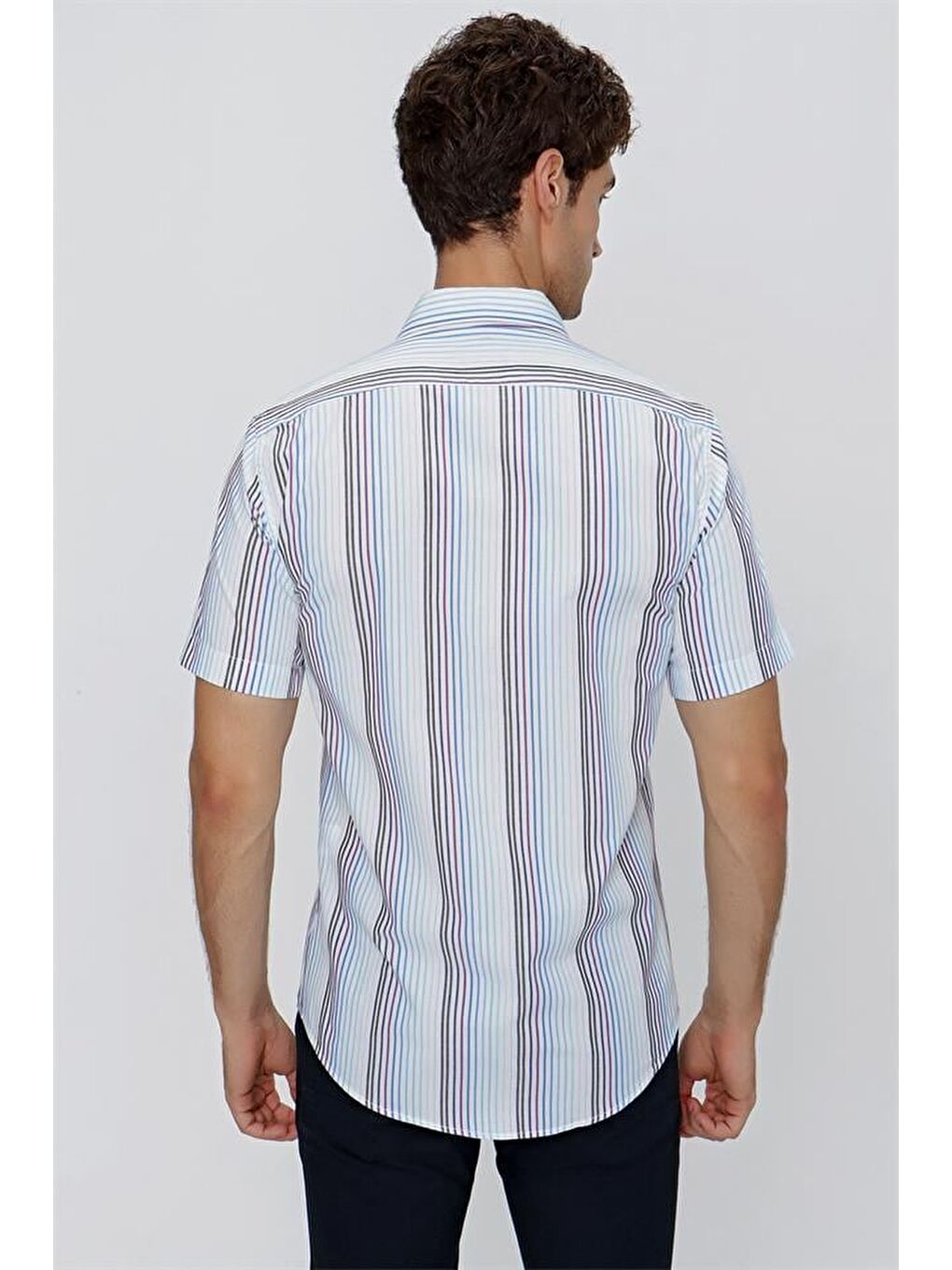 Lacivert Kısa Kol Çizgili Düğmeli Yaka Slim Fit Dar Kesim Klasik Gömlek 1004220155-6