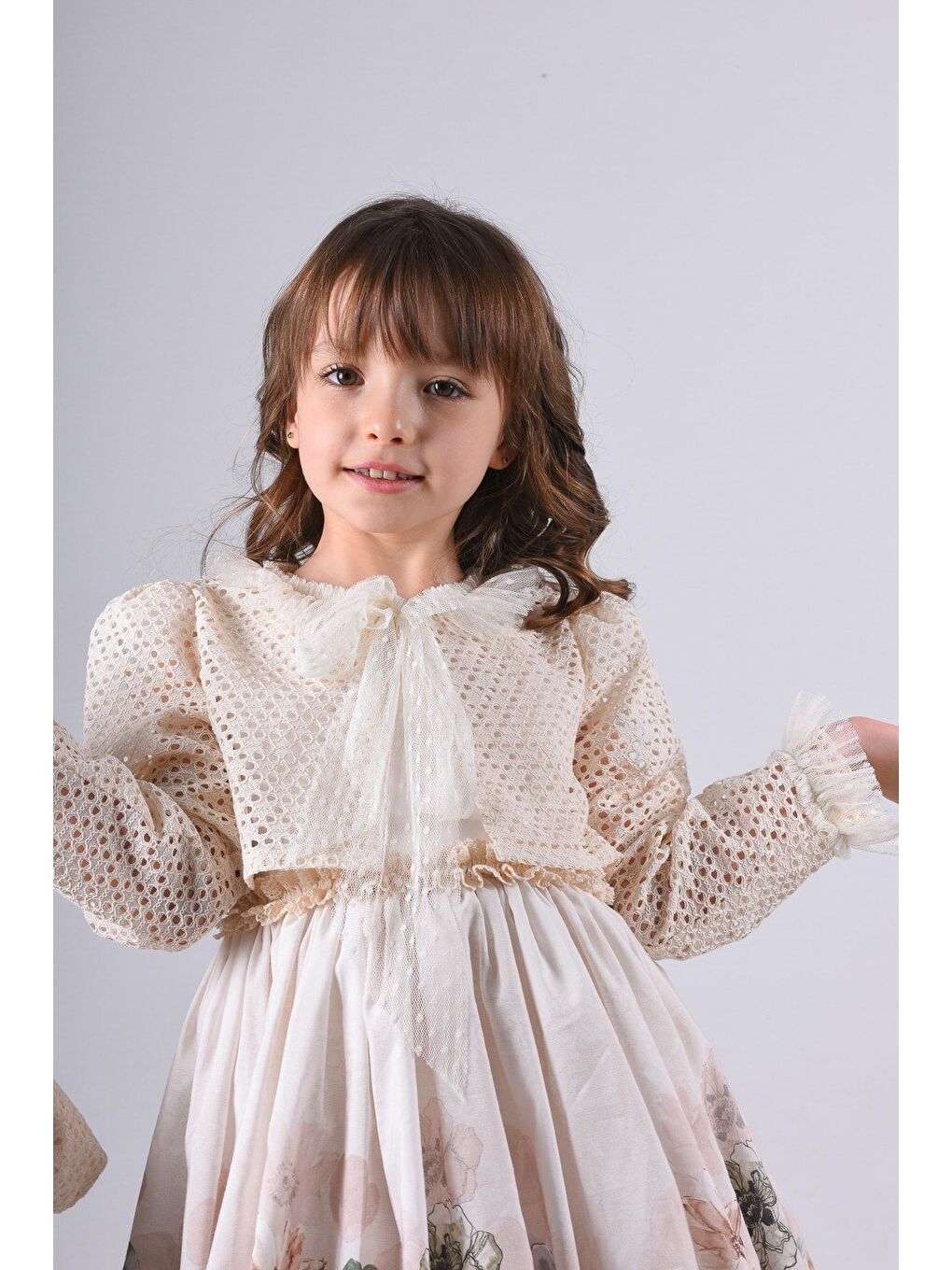 Yeşil Özel Tasarım Kız Çocuk Elbise, Çiçek Desenli Kız Çocuk Uzun Elbise_M2354-2