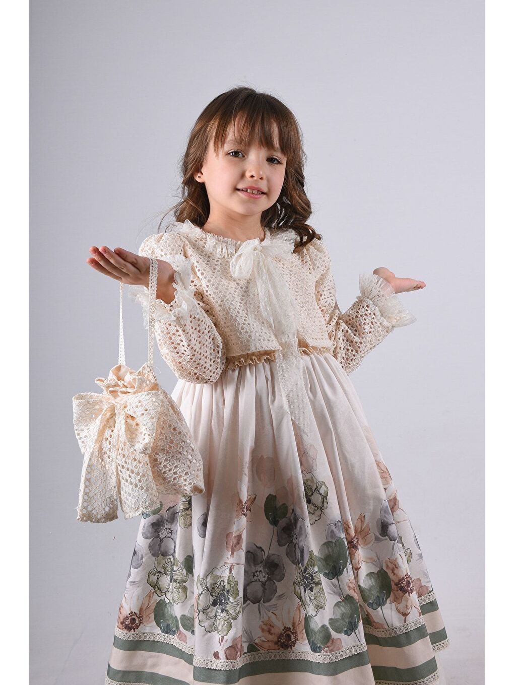 Yeşil Özel Tasarım Kız Çocuk Elbise, Çiçek Desenli Kız Çocuk Uzun Elbise_M2354-3