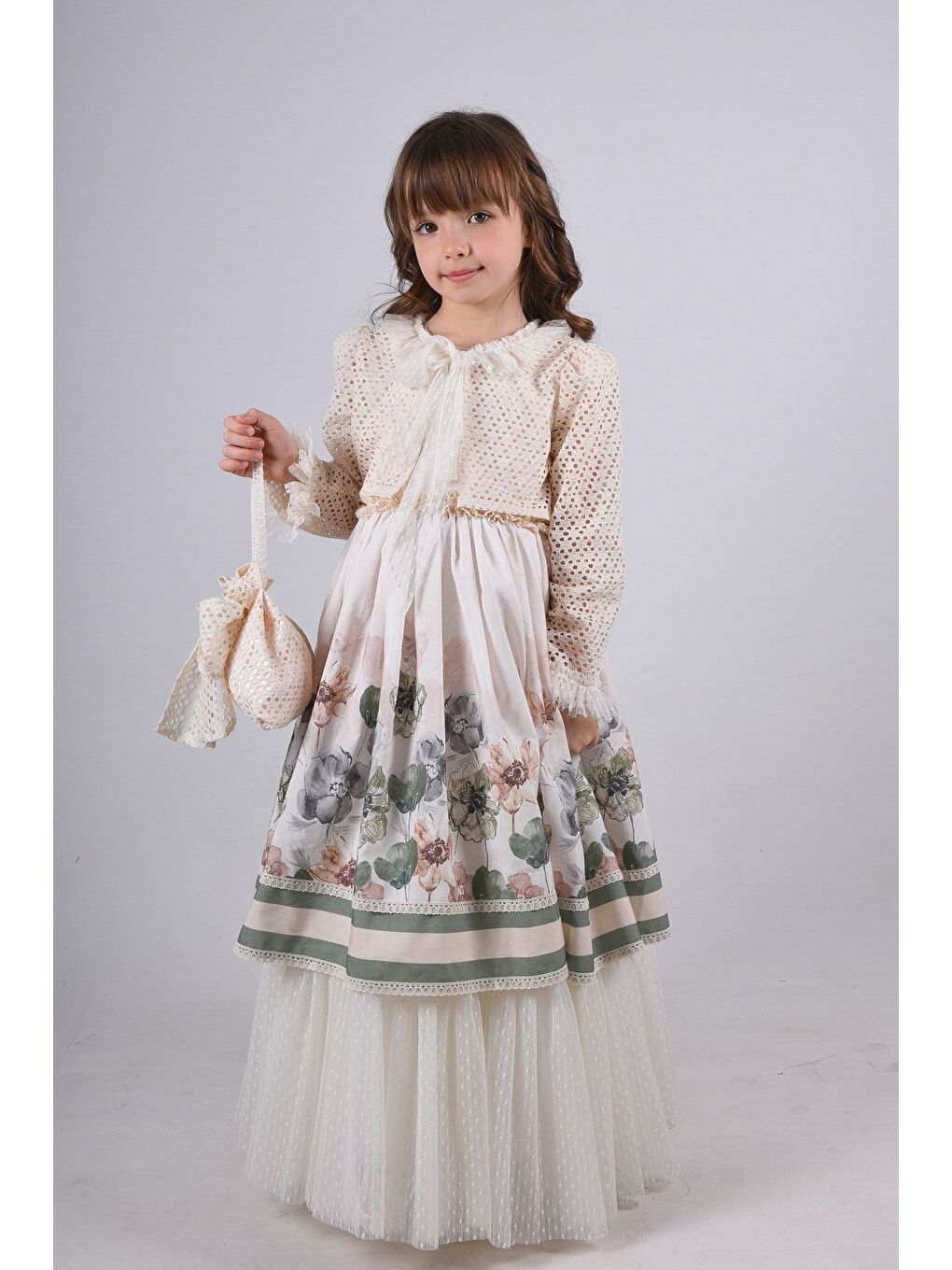 Yeşil Özel Tasarım Kız Çocuk Elbise, Çiçek Desenli Kız Çocuk Uzun Elbise_M2354-4