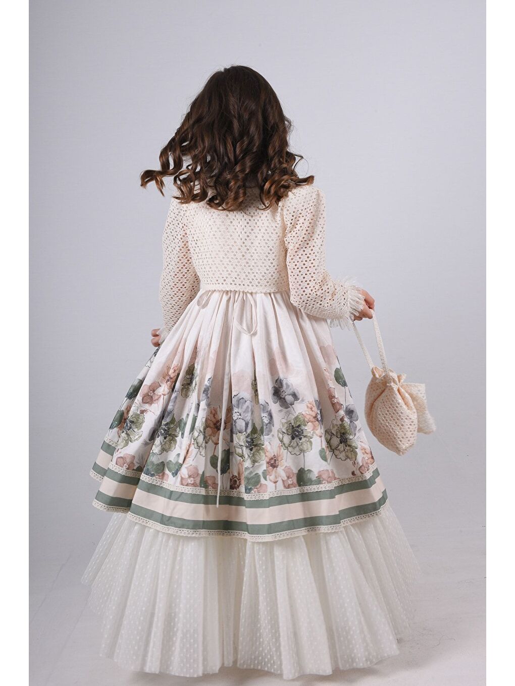 Yeşil Özel Tasarım Kız Çocuk Elbise, Çiçek Desenli Kız Çocuk Uzun Elbise_M2354-5