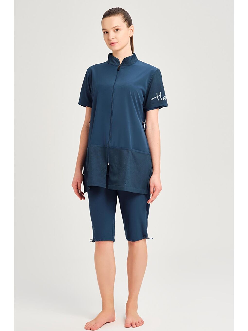 File Cep Detaylı Kısa Kol Fermuarlı Yeşil 4 Parça Yarı Kapalı Mayo Takımı 2843-1