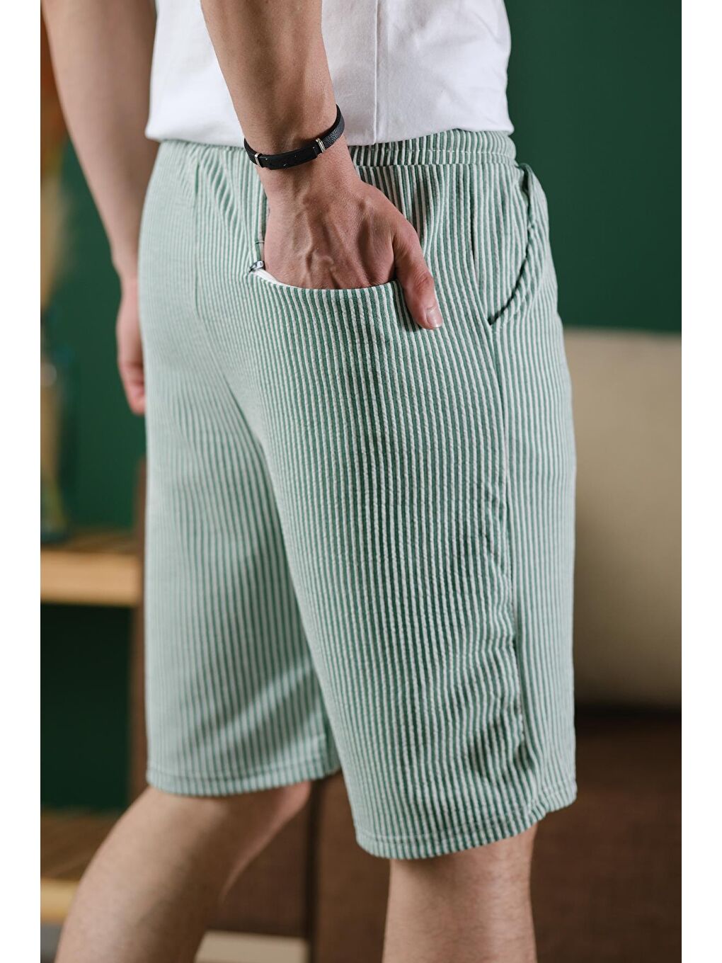 Yeşil Ethan Çizgili Dokuma Slim Fit Elastanlı Erkek Bermuda Şort-4