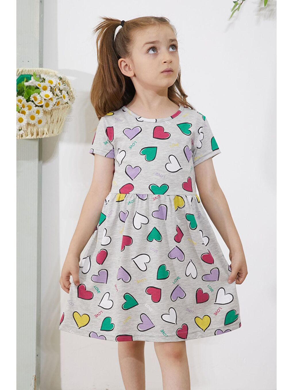 Gri Kalp Baskılı Kısa Kollu Kız Çocuk Elbise 18780-1
