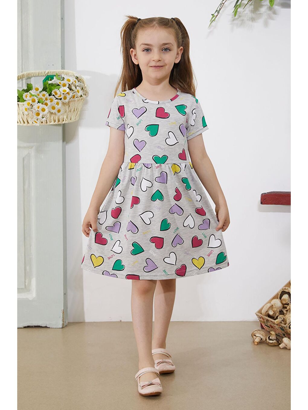 Gri Kalp Baskılı Kısa Kollu Kız Çocuk Elbise 18780-2