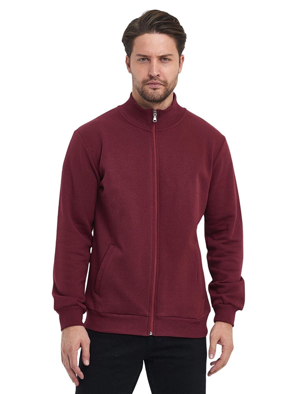 MMETALIC Bordo İçi Pamuklu Fermuarlı Dik Yaka Yan Cepli Bordo Erkek Fermuarlı Sweatshirt