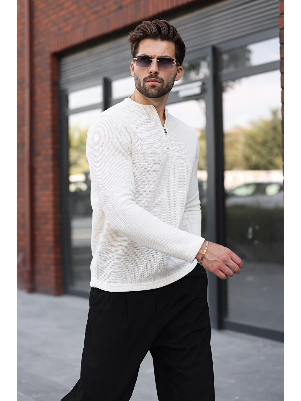 Ekru Bisiklet Yaka Fermuar Detaylı Erkek Triko Sweatshirt E7209
