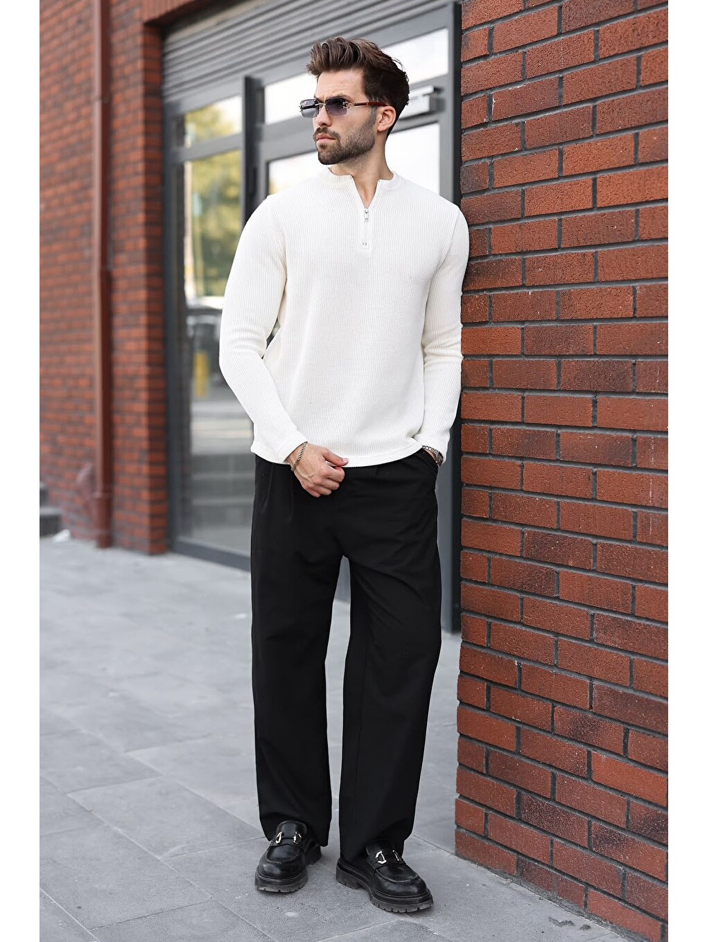 Ekru Bisiklet Yaka Fermuar Detaylı Erkek Triko Sweatshirt E7209-1