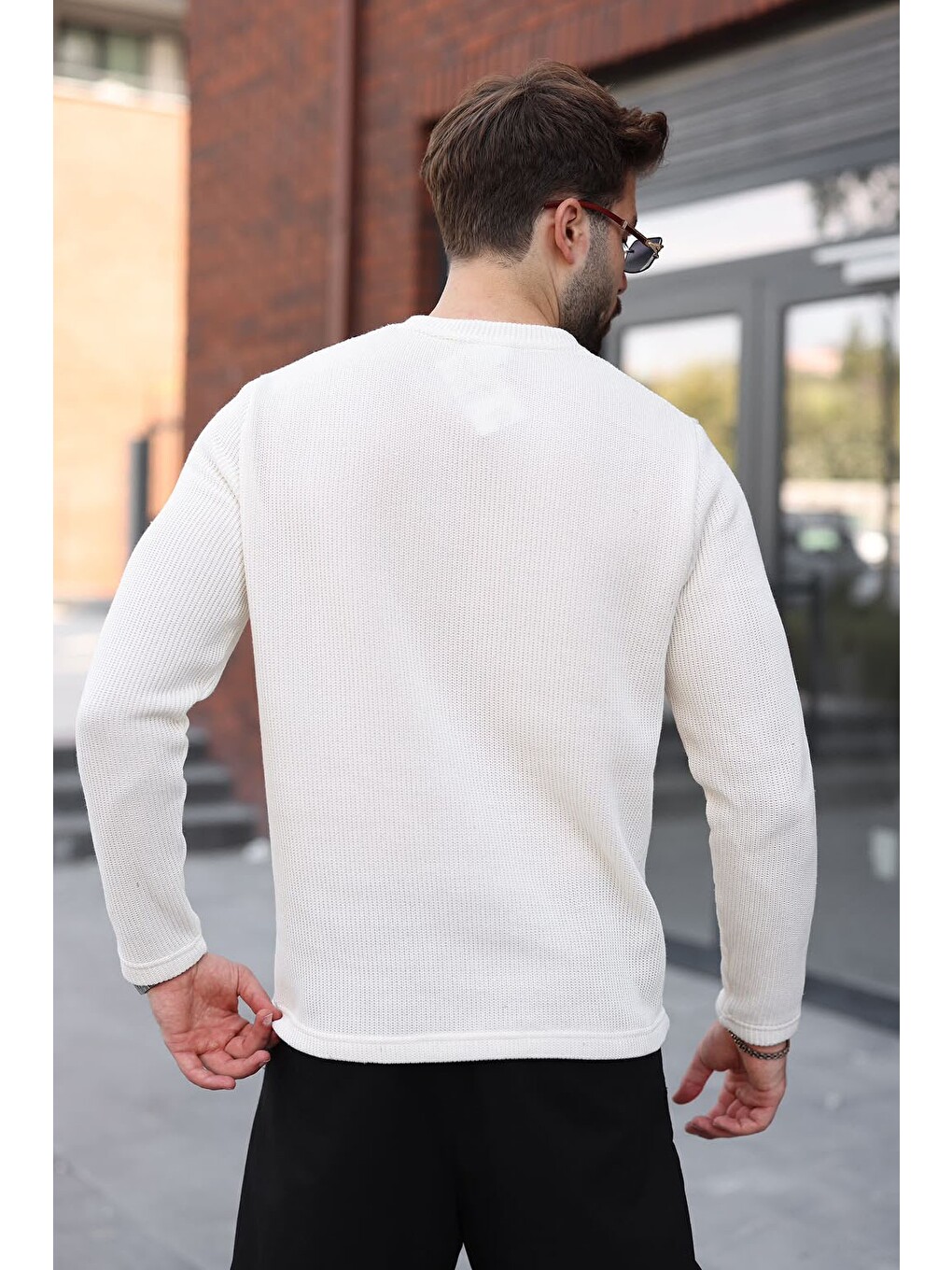 Ekru Bisiklet Yaka Fermuar Detaylı Erkek Triko Sweatshirt E7209-2