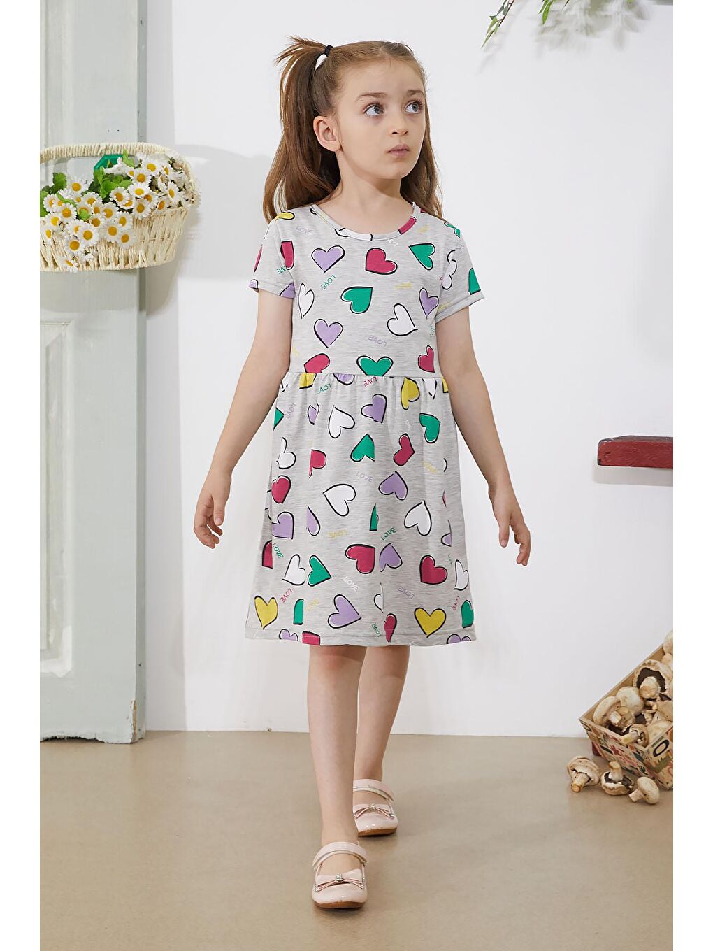 Gri Kalp Baskılı Kısa Kollu Kız Çocuk Elbise 18780-3