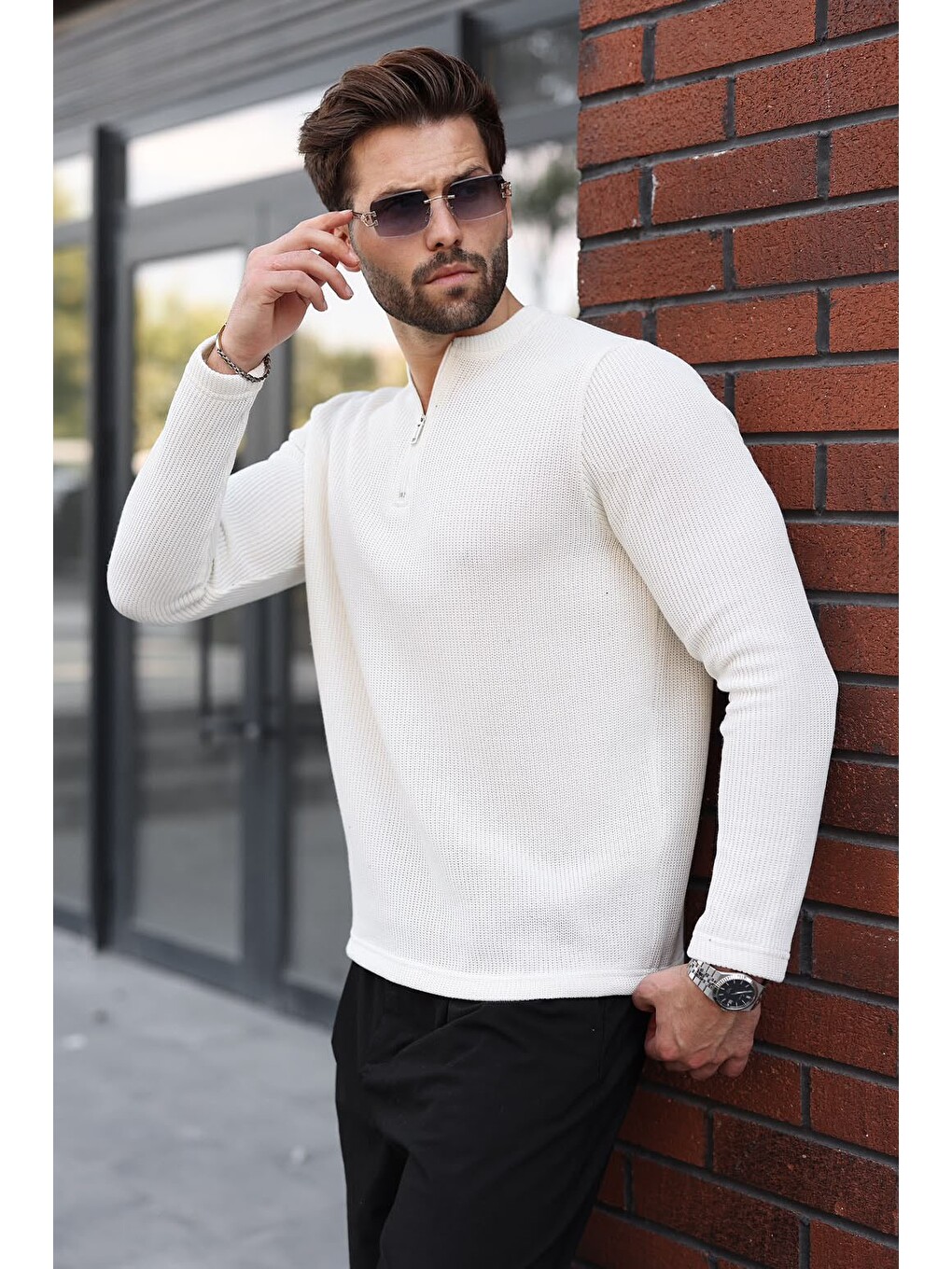Ekru Bisiklet Yaka Fermuar Detaylı Erkek Triko Sweatshirt E7209-3
