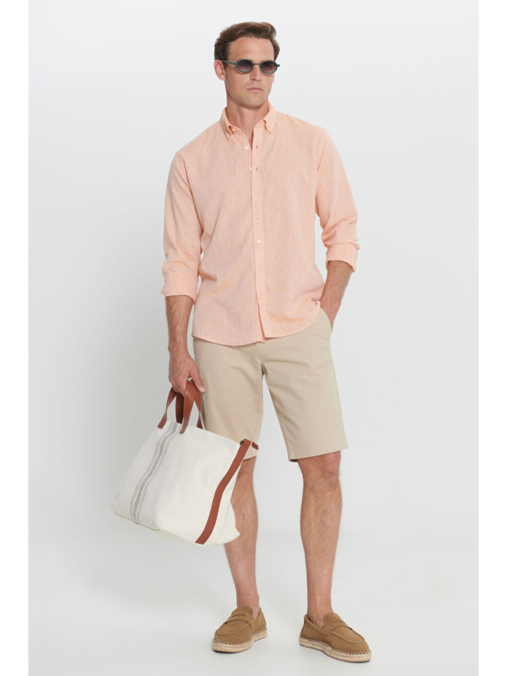 Erkek Turuncu Comfort Fit Rahat Kesim Düğmeli Yaka Keten Gömlek-4