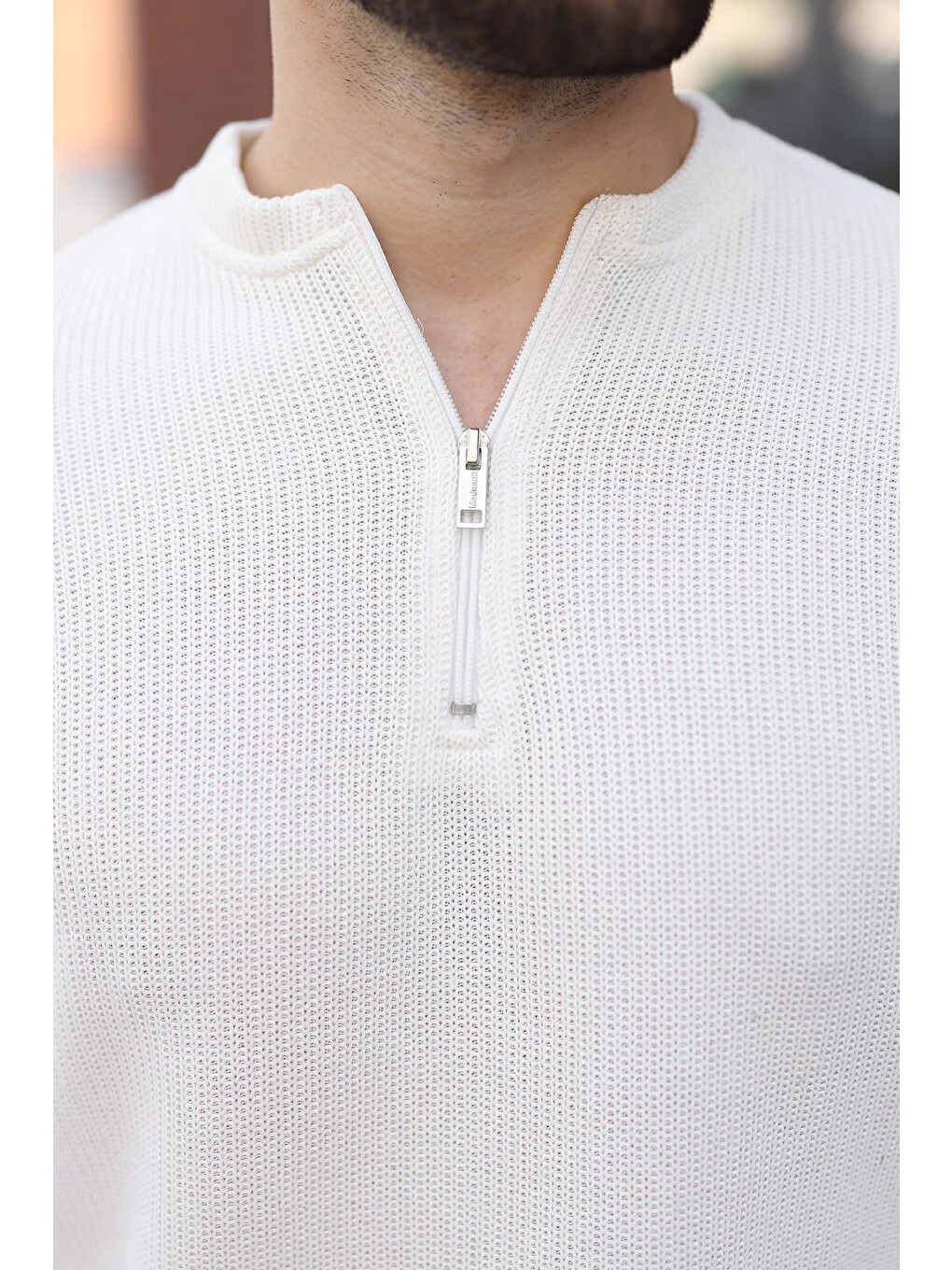 Ekru Bisiklet Yaka Fermuar Detaylı Erkek Triko Sweatshirt E7209-4