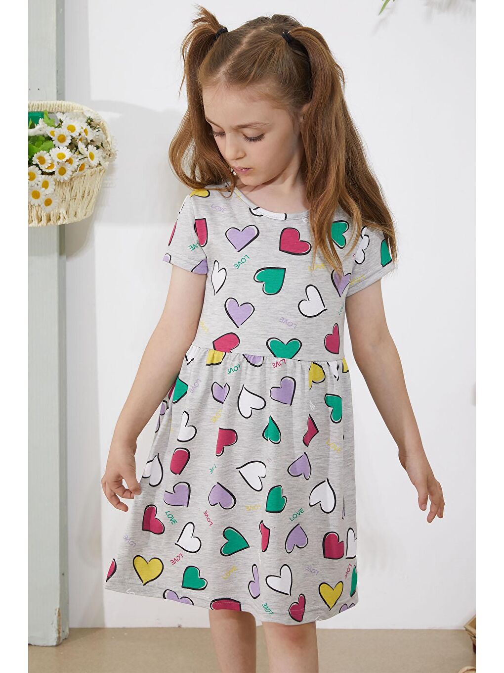 Gri Kalp Baskılı Kısa Kollu Kız Çocuk Elbise 18780-4