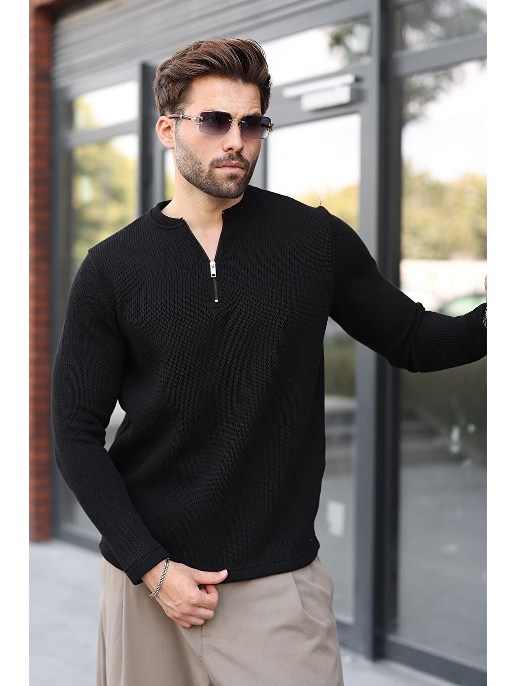 Siyah Bisiklet Yaka Fermuar Detaylı Erkek Triko Sweatshirt E7209
