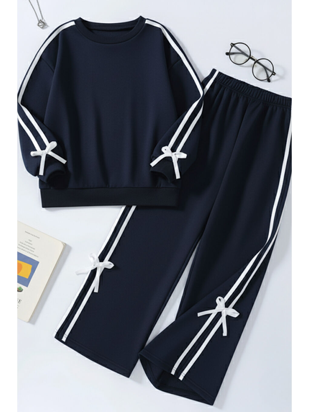 Lacivert Kız Çocuk Çift Şerit Kurdele Eşofman Takımı 4-16 Yaş 12146