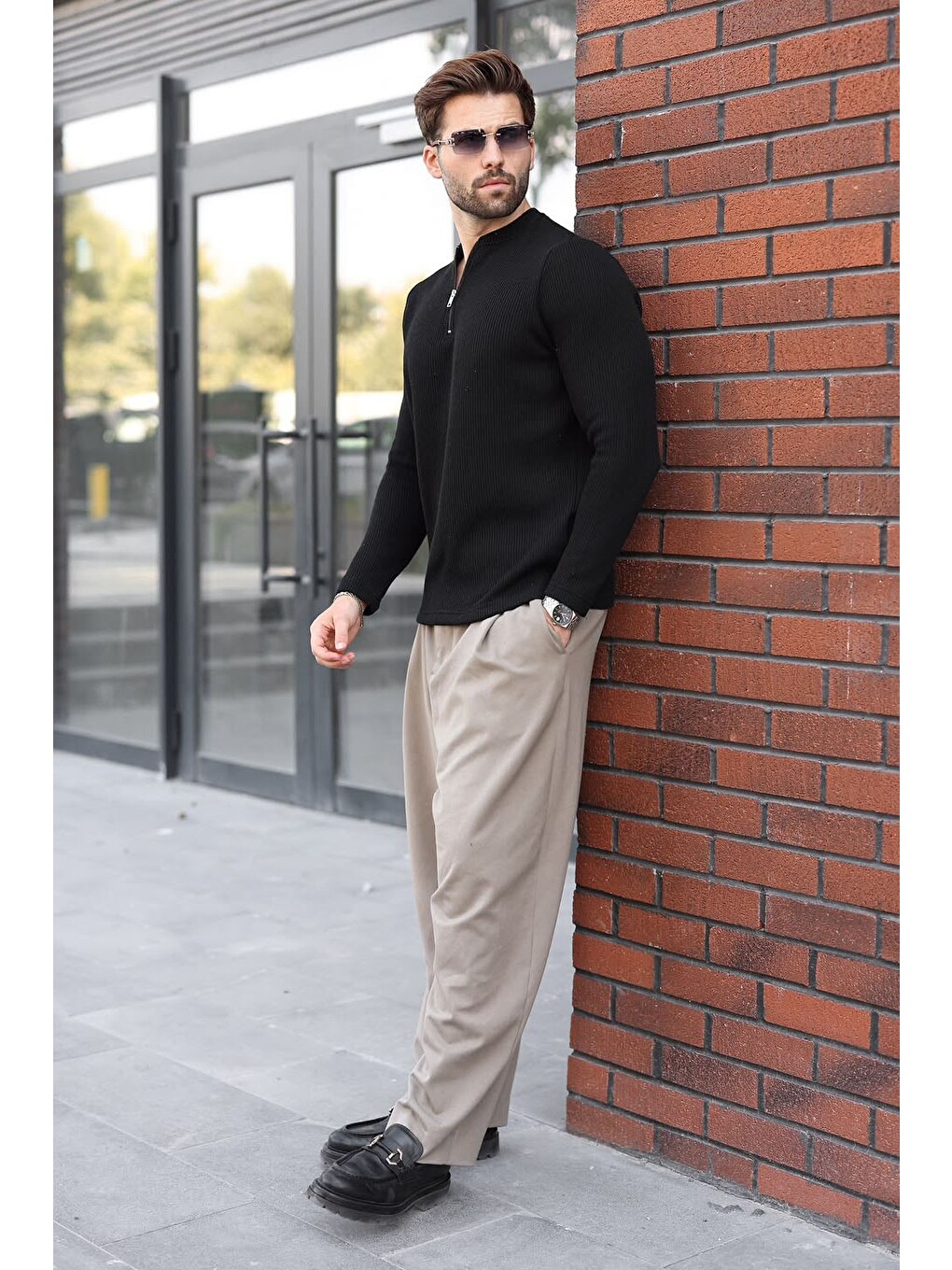 Siyah Bisiklet Yaka Fermuar Detaylı Erkek Triko Sweatshirt E7209-1