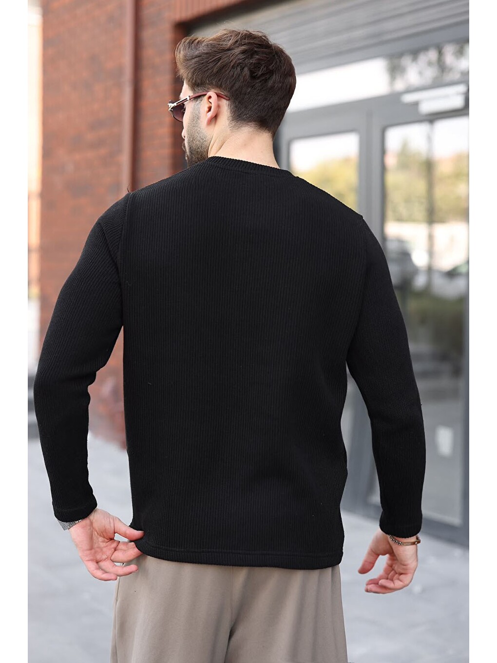 Siyah Bisiklet Yaka Fermuar Detaylı Erkek Triko Sweatshirt E7209-2