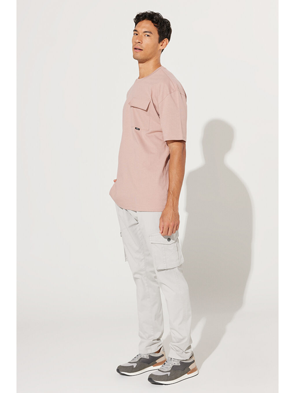 Bej Erkek Pudra Oversize Fit Geniş Kesim Bisiklet Yaka %100 Pamuk Cepli Tişört-2