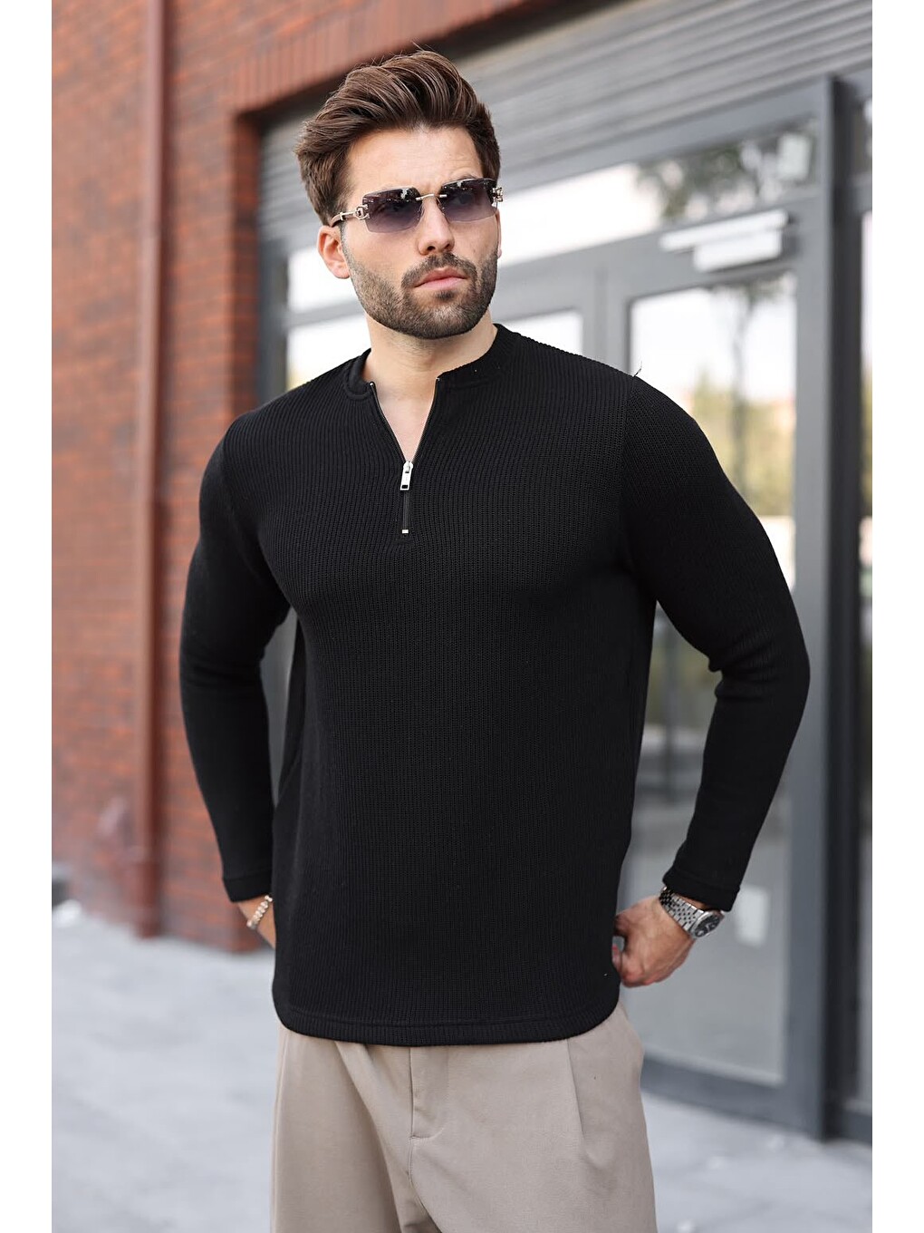 Siyah Bisiklet Yaka Fermuar Detaylı Erkek Triko Sweatshirt E7209-3