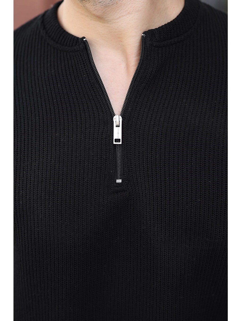 Siyah Bisiklet Yaka Fermuar Detaylı Erkek Triko Sweatshirt E7209-4