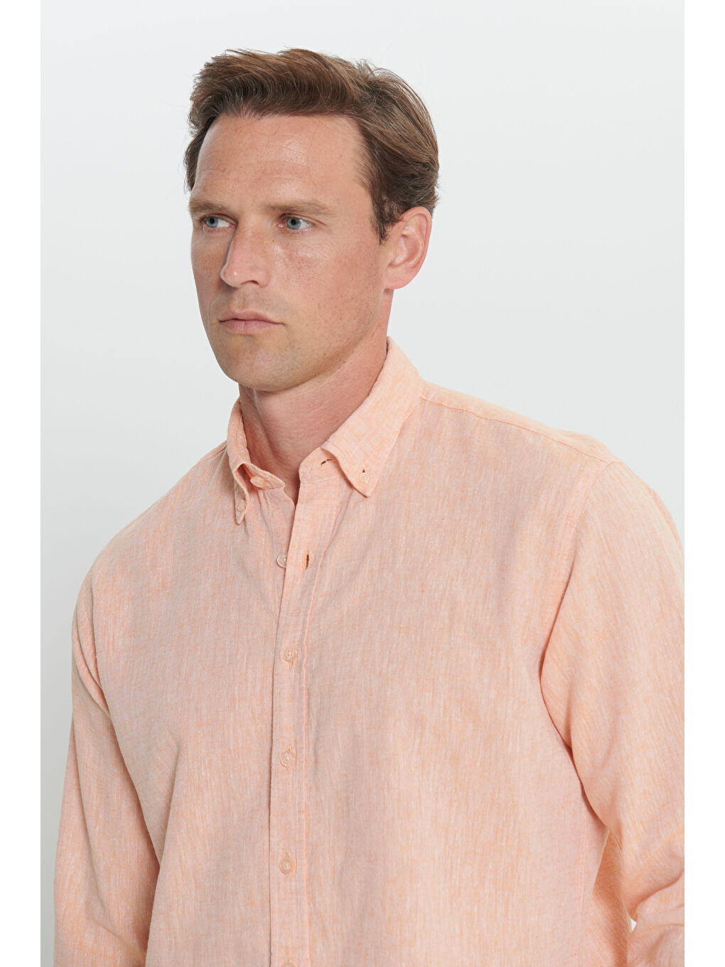 Erkek Turuncu Comfort Fit Rahat Kesim Düğmeli Yaka Keten Gömlek-6