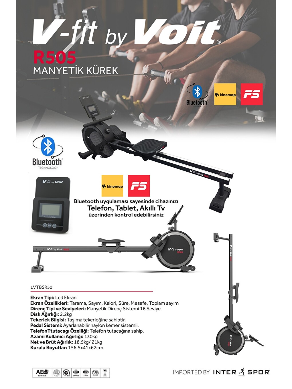 Siyah Vfit By Voit  R505 Manyetik Kondisyon Küreği Bluetooth'lu Dik Katlanabilir Bluetooth Uygulamalı-1