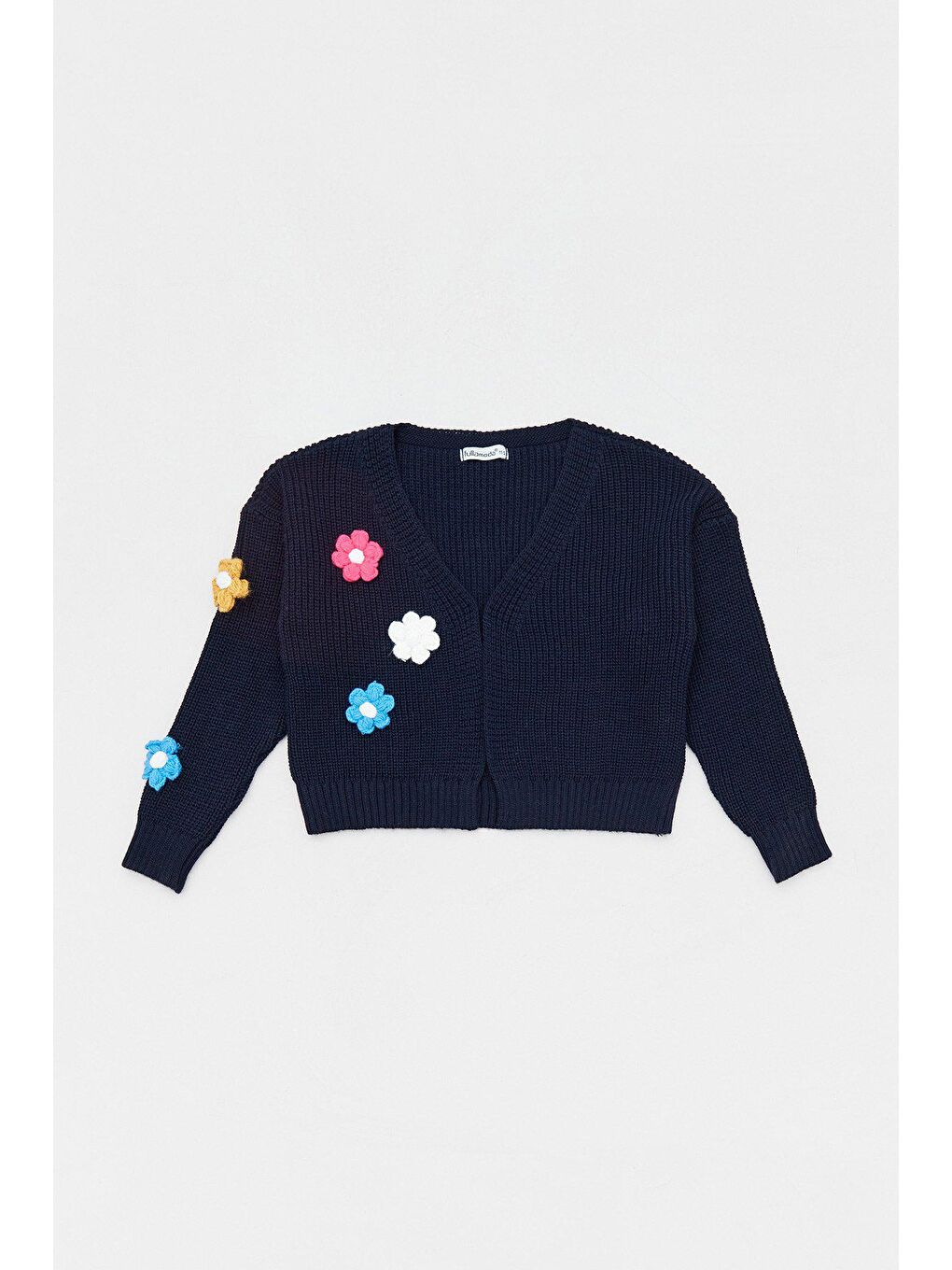 Lacivert Çiçek Motifli Kız Çocuk Triko Hırka