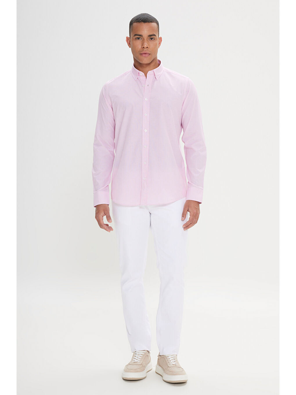 Erkek Beyaz-Pembe Slim Fit Dar Kesim Gizli Düğmeli Yaka Pamuklu Çizgili Gömlek-1