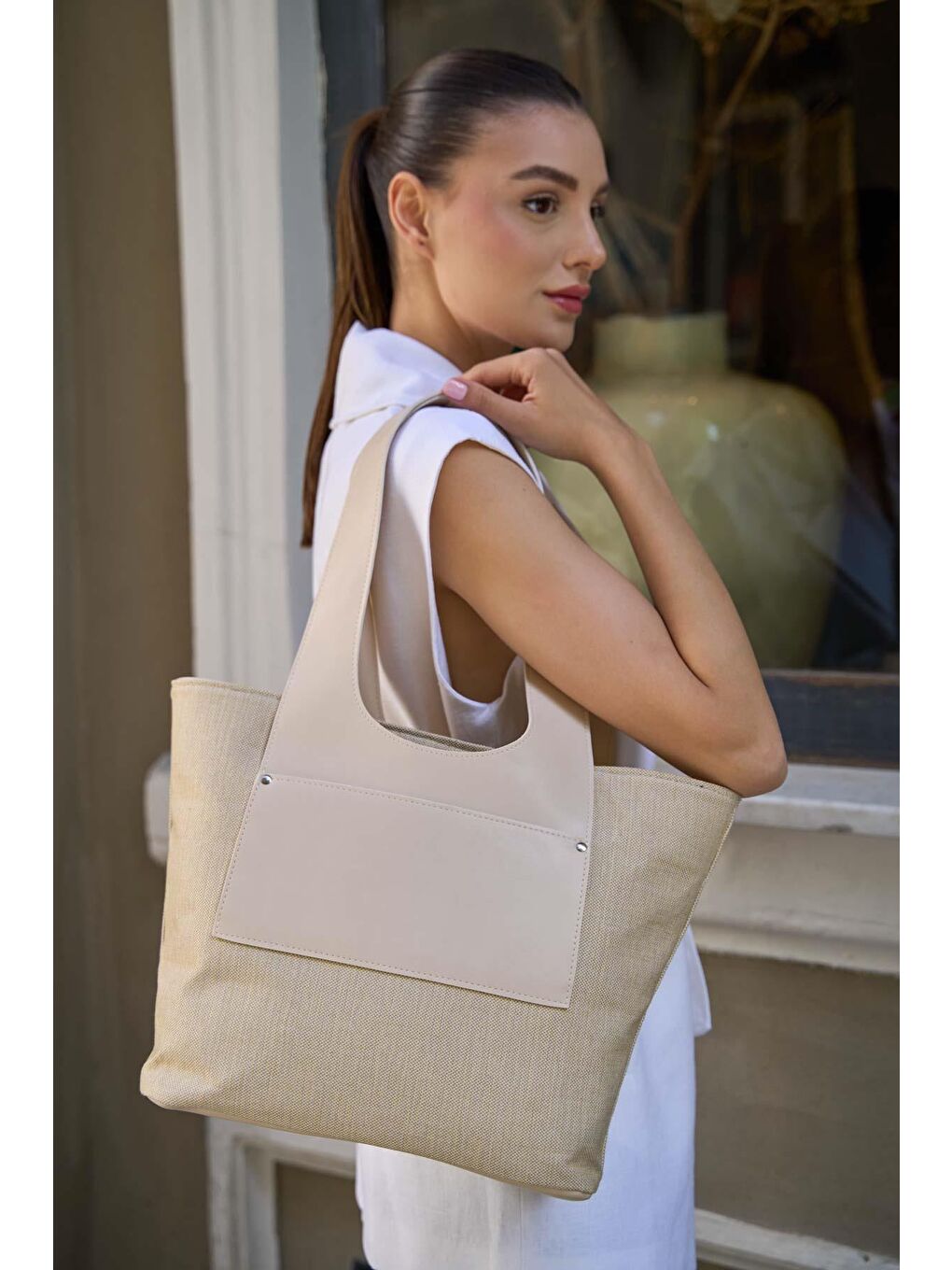 Ekru Cepli Kanvas Omuz Çantası Krem