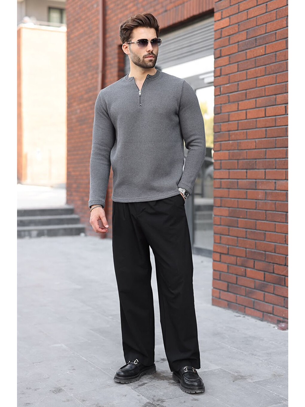 Gri Füme Bisiklet Yaka Fermuar Detaylı Erkek Triko Sweatshirt E7209-1