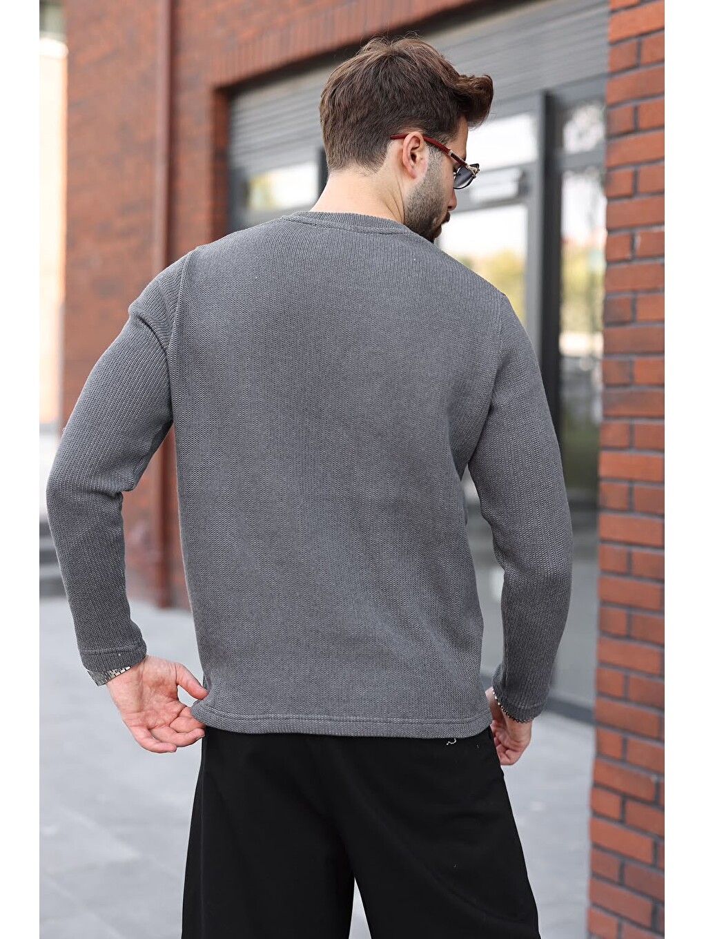 Gri Füme Bisiklet Yaka Fermuar Detaylı Erkek Triko Sweatshirt E7209-2