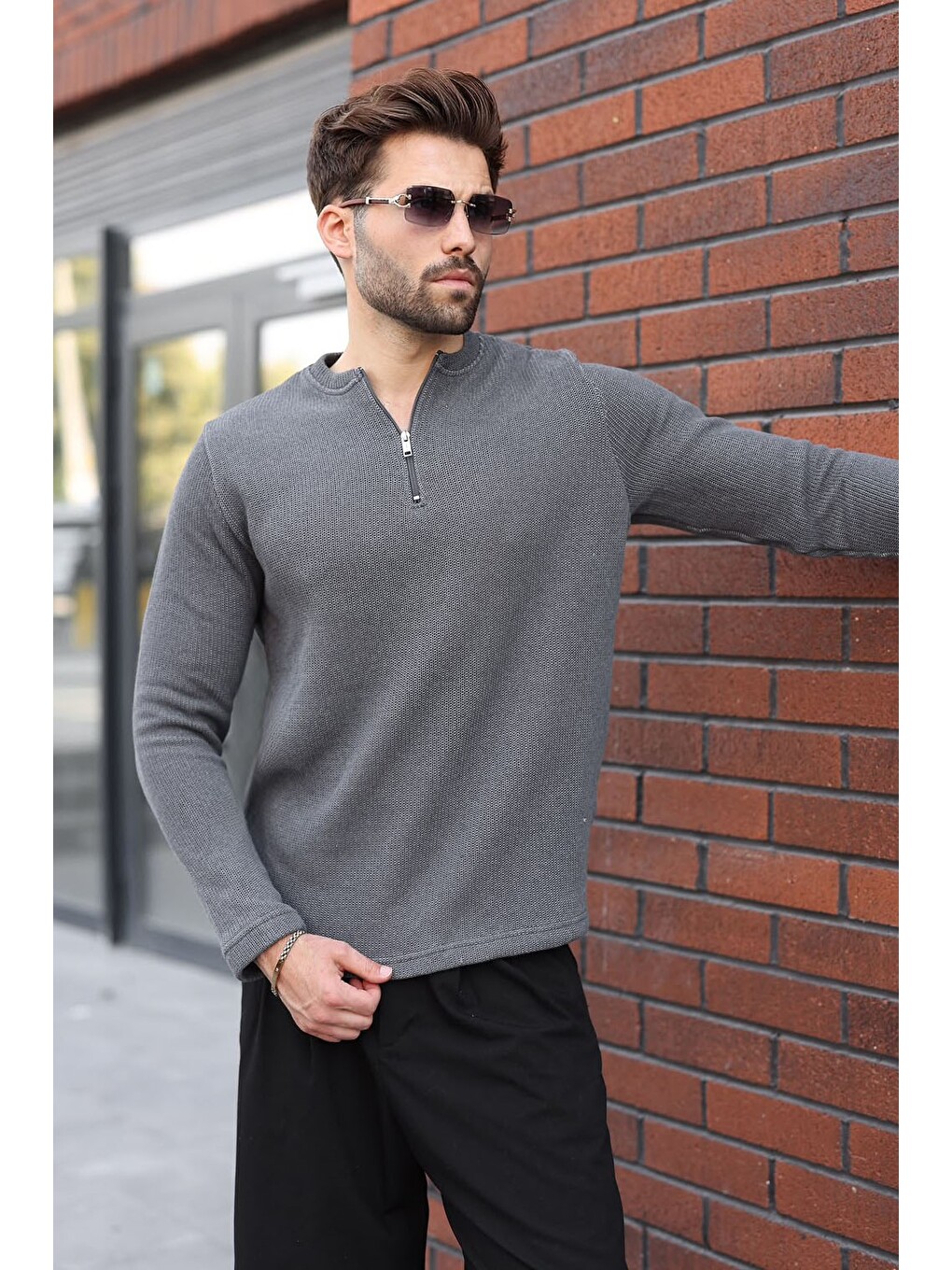 Gri Füme Bisiklet Yaka Fermuar Detaylı Erkek Triko Sweatshirt E7209-3