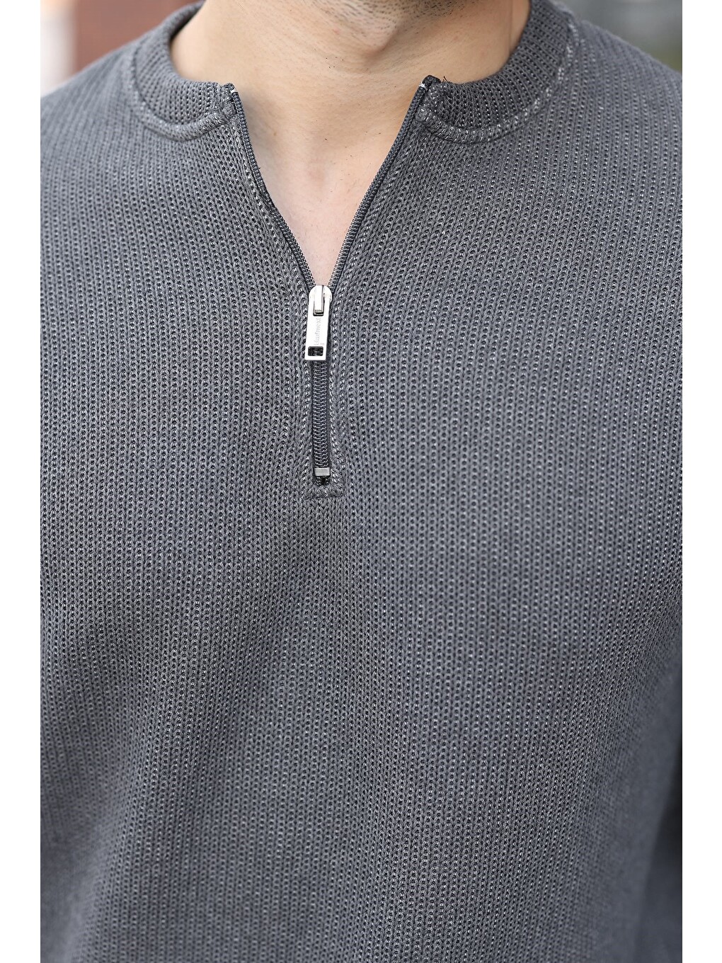 Gri Füme Bisiklet Yaka Fermuar Detaylı Erkek Triko Sweatshirt E7209-4