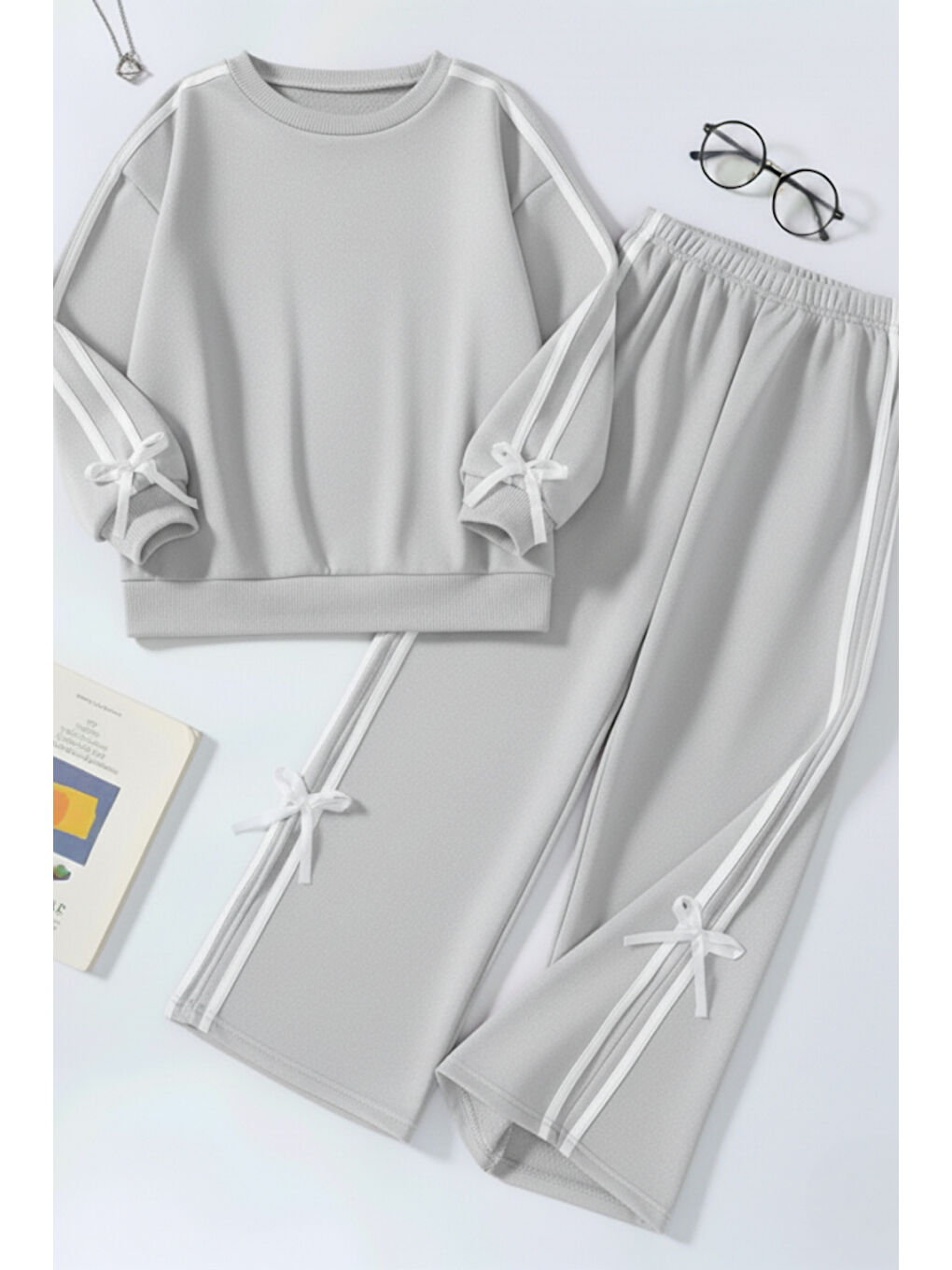 Gri Kız Çocuk Çift Şerit Kurdele Eşofman Takımı 4-16 Yaş 12144