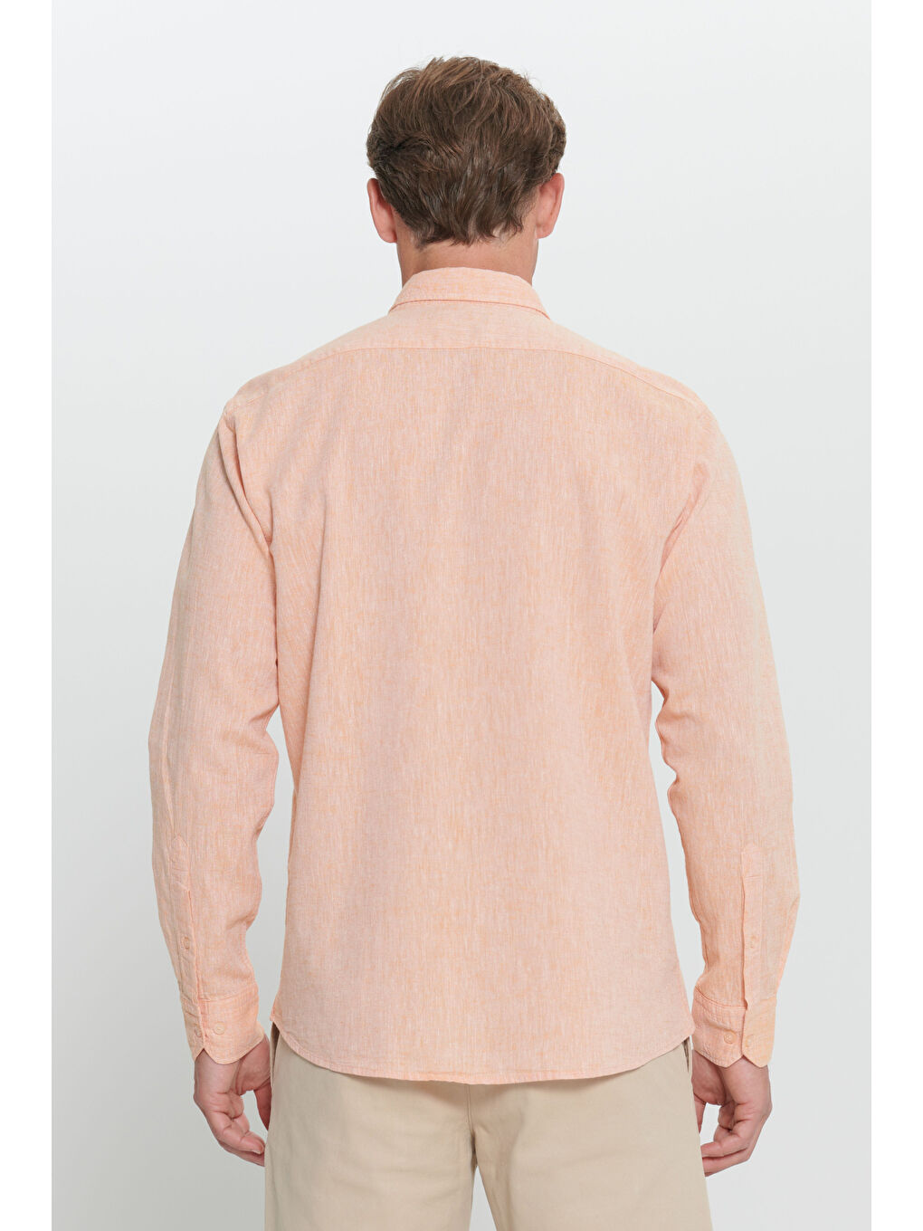 Erkek Turuncu Comfort Fit Rahat Kesim Düğmeli Yaka Keten Gömlek-7
