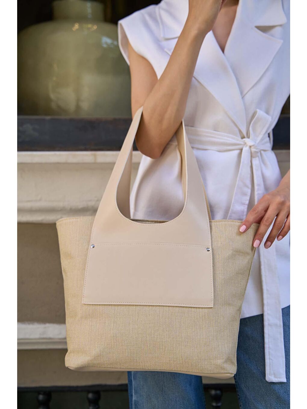 Ekru Cepli Kanvas Omuz Çantası Krem-2