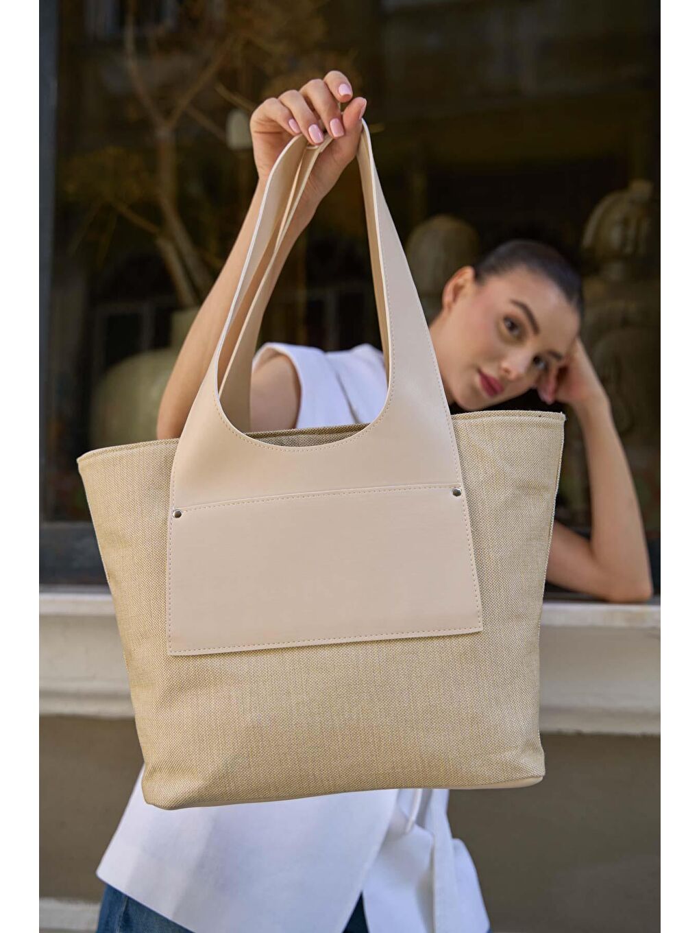 Ekru Cepli Kanvas Omuz Çantası Krem-3