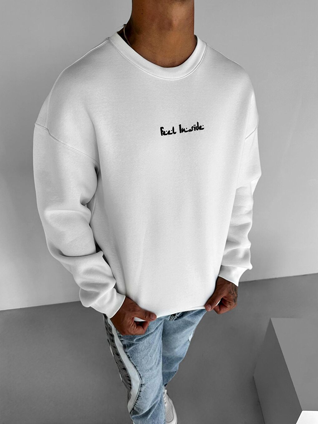 Erkek Rahat Kalıp Baskılı Yuvarlak Yaka Sweatshirt Ekru