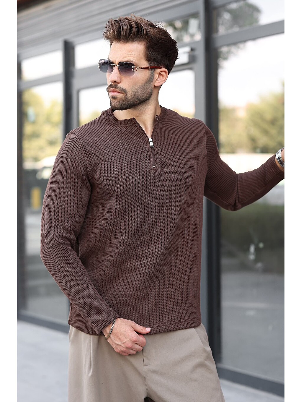Kahverengi Bisiklet Yaka Fermuar Detaylı Erkek Triko Sweatshirt E7209