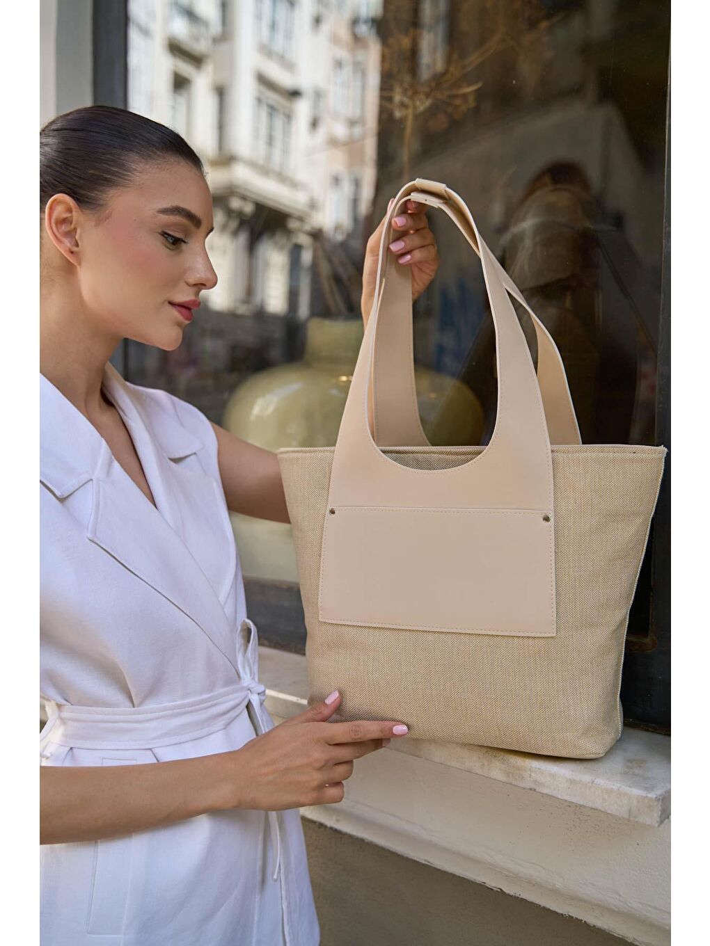 Ekru Cepli Kanvas Omuz Çantası Krem-4