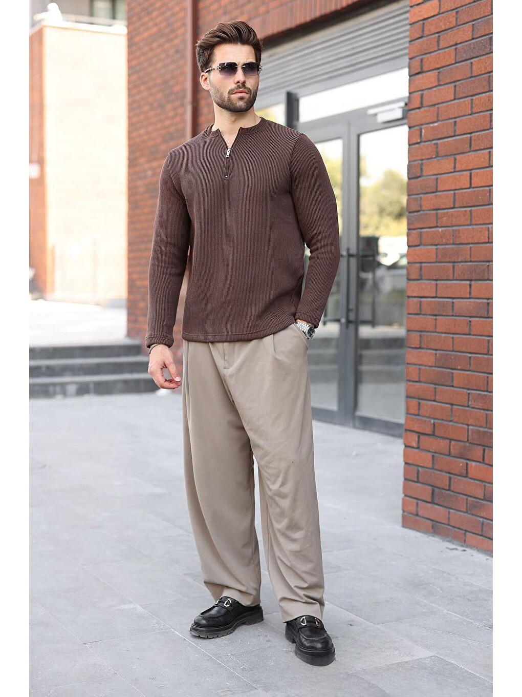 Kahverengi Bisiklet Yaka Fermuar Detaylı Erkek Triko Sweatshirt E7209-1