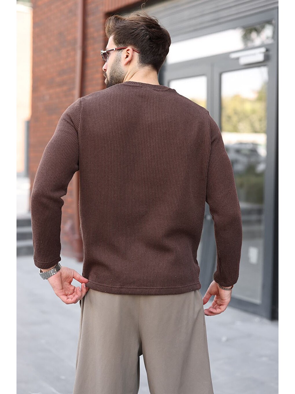 Kahverengi Bisiklet Yaka Fermuar Detaylı Erkek Triko Sweatshirt E7209-2