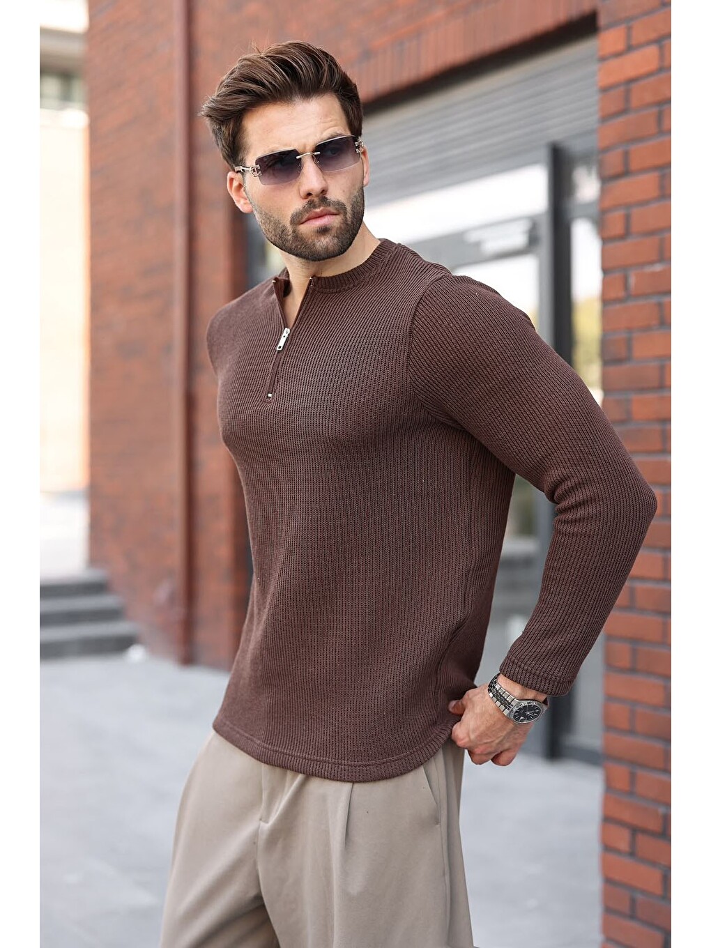 Kahverengi Bisiklet Yaka Fermuar Detaylı Erkek Triko Sweatshirt E7209-3