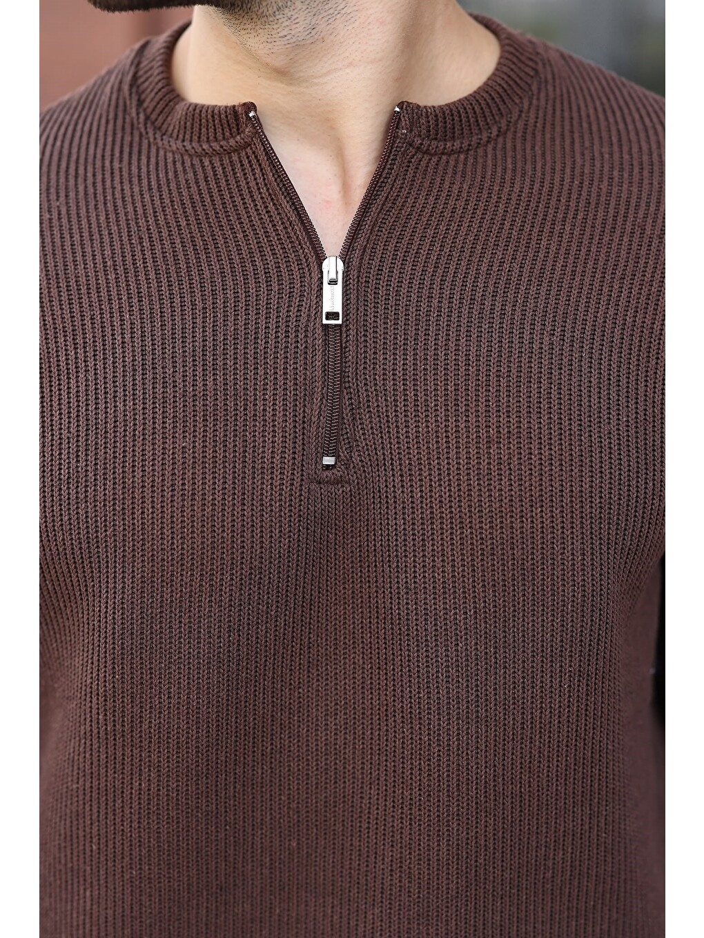 Kahverengi Bisiklet Yaka Fermuar Detaylı Erkek Triko Sweatshirt E7209-4